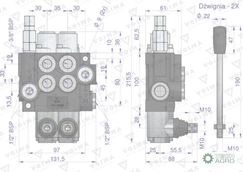 Rozdzielacz hydrauliczny 2-sekcyjny 40L(1 sekcja - z zatrzaskiem) VOIMA
