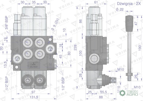 Rozdzielacz hydrauliczny 2-sekcyjny 40L(2 sekcje - pływające) VOIMA