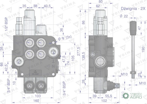 Rozdzielacz hydrauliczny 2-sekcyjny 80L(1-sekcja pływająca) VOIMA
