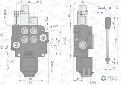 Rozdzielacz hydrauliczny 2-sekcyjny 80L(1-sekcja pływająca) z joystickiem VOIMA