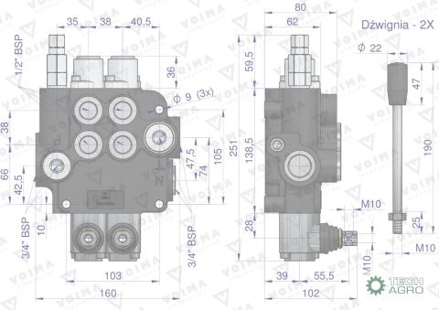 Rozdzielacz hydrauliczny 2-sekcyjny 80Lz zatrzaskami VOIMA