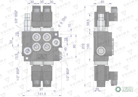 Rozdzielacz hydrauliczny 2-sekcyjny sterowany elektrycznie 12V 40L VOIMA