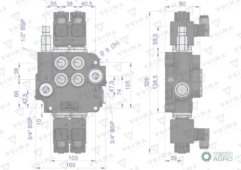 Rozdzielacz hydrauliczny 2-sekcyjny sterowany elektrycznie 12V 80L VOIMA