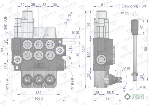 Rozdzielacz hydrauliczny 3-sekcyjny 40L(1-sekcja pływająca) VOIMA