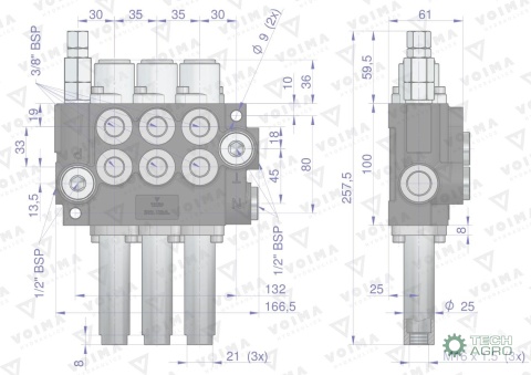 Rozdzielacz hydrauliczny 3-sekcyjny 40Lsterowany na linkę VOIMA
