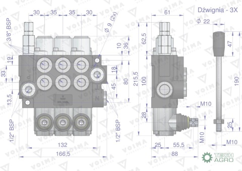 Rozdzielacz hydrauliczny 3-sekcyjny 40Lz zatrzaskami VOIMA