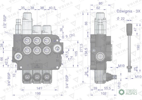 Rozdzielacz hydrauliczny 3-sekcyjny 80L(1-sekcja pływająca) VOIMA