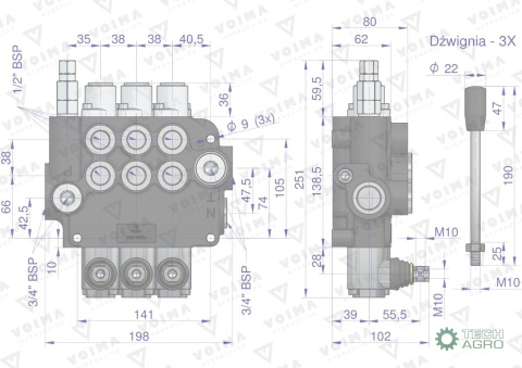 Rozdzielacz hydrauliczny 3-sekcyjny 80Lz zatrzaskami VOIMA