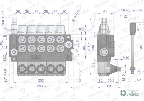 Rozdzielacz hydrauliczny 5-sekcyjny 40L(5-sekcji z zatrzaskiem) VOIMA