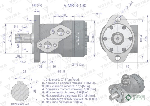 Silnik hydrauliczny orbitalny V-MR-S 100 cm3/obr (175 bar / max.200 bar) VOIMA