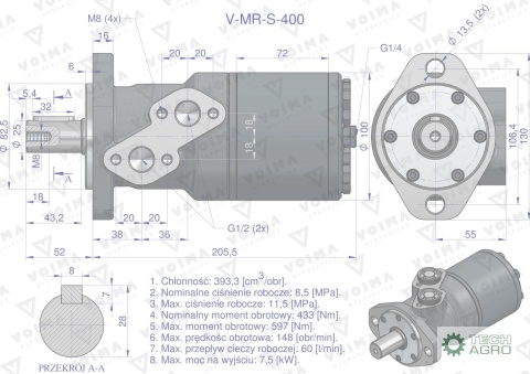 Silnik hydrauliczny orbitalny V-MR-S 400 cm3/obr (115 bar / max.150 bar) VOIMA