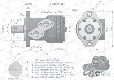 Silnik hydrauliczny orbitalny V-MR-S 80 cm3/obr (175 bar / max.200 bar) VOIMA