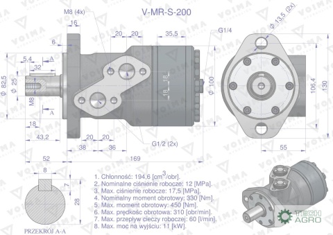 Silnik hydrauliczny orbitalny (stosowany do owijarek) V-MR-S 200 cm3/obr (175 bar / max.200 bar) VOIMA