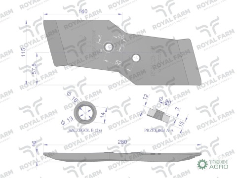 Dłuto lewe, nakładka lemiesza obracalnalewa 12mm zastosowanie Kuhn stal borowa, Royal Farm