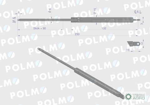 Siłownik szyberdachu L max. 230mm AL28649P JOHN DEERE POLMO