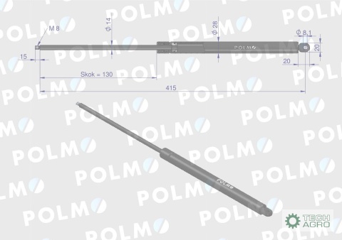 Siłownik szyby przedniej L max. 415mm F182800200210P FENDT POLMO