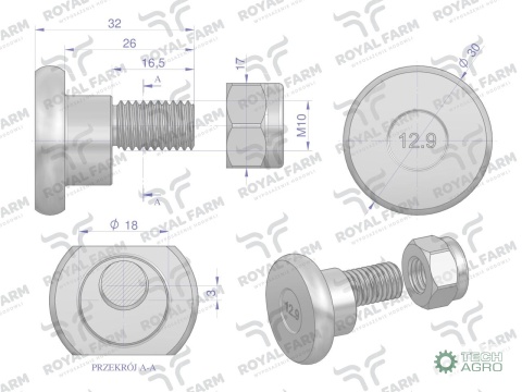 Śruba nożyka kpl. M10x32 zastosowanie Deutz Fahr. Vicon ROYAL FARM (sprzedawane po 10)