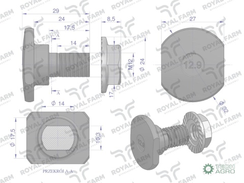 Śruba nożyka kpl. M12x29 zastosowanie Claas ROYAL FARM 1432290 001377266 (sprzedawane po 10)