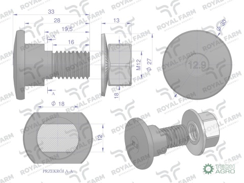 Śruba nożyka kpl. M12x33 zastosowanie Kuhn ROYAL FARM (sprzedawane po 10)