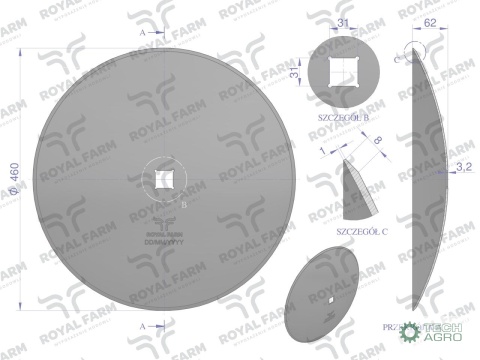 Talerz, gładki fi 460 otwór 30x30 stal borowa, 1279201030 1201030040, Royal Farm