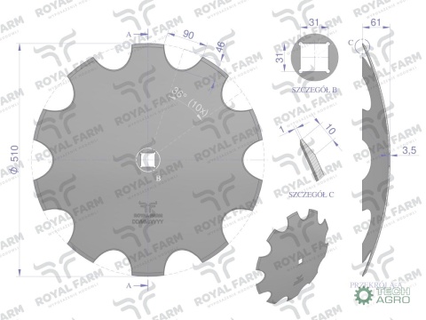 Talerz, uzębiony Z-10 fi 510 otwór 30x30 stal borowa, 1242050040 1279201020, Royal Farm