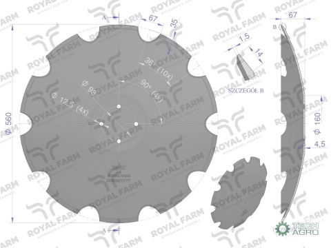 Talerz, uzębiony Z-10 fi 560 mocowanie 4/98 grubość 4.5 stal borowa, Royal Farm