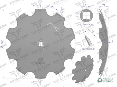 Talerz, uzębiony Z-10 fi 560 otwór 30x30 stal borowa, 1279601010 1202030130, Royal Farm