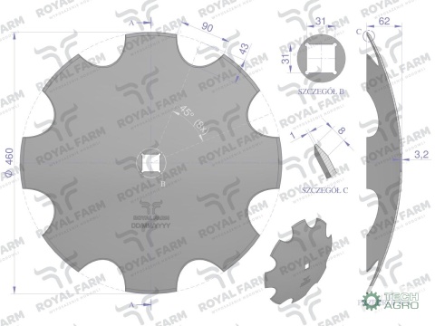 Talerz, uzębiony Z-8 fi 460 otwór 30x30stal borowa, 1202030150, Royal Farm