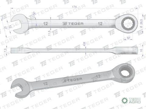 Klucz płasko-oczkowy z grzechotką 12 mm/ TEGER