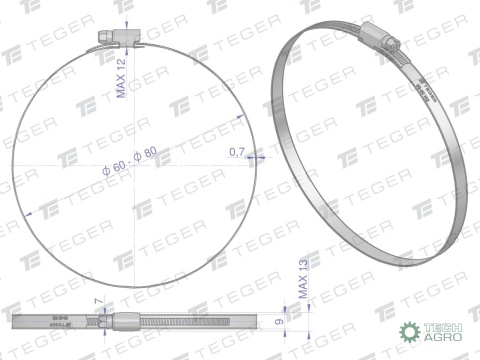 Opaska zaciskowa 60-80 ślimakowa (obejma W2 - stal nierdzewna) szerkość 9mm TEGER ( sprzedawane po 25 )