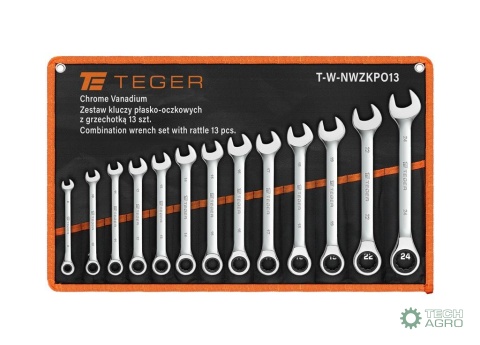 Zestaw kluczy płasko-oczkowych z grzechotką, 8-24 mm, 13 szt, Teger