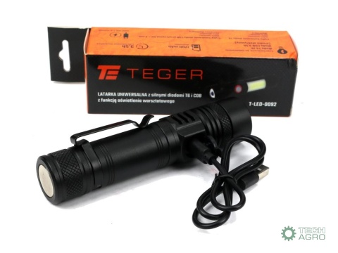 Latarka uniwersalna diody LED typu T6 COB aku 1200 mAh ładowany USB 400 lm Teger