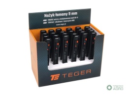 Nożyk łamany, ostrze 9mm ze stali SK2 wobudowie z tworzywa ABS sprzedawane w kartoniku ekspozycyjnym, (sprzedawane po 24), Teger