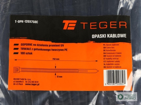 Opaski kablowe, opaska kablowa, opaski zaciskowe, tyrytytki, trytytki, 12.0 x 750mm 100 szt w worku czarne odporne na UV, Teger