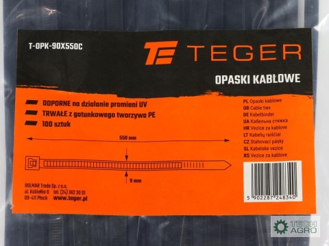 Opaski kablowe,opaska kablowa, opaski zaciskowe, tyrytytki, trytytki, 9.0 x 550mm 100 szt w worku czarne odporne na UV, Teger