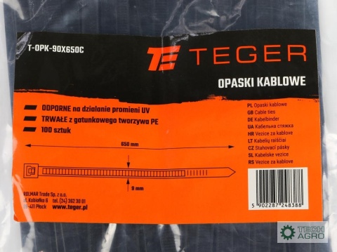 Opaski kablowe, opaska kablowa, opaski zaciskowe, tyrytytki, trytytki, 9.0 x 650mm 100 szt w worku czarne odporne na UV, Teger