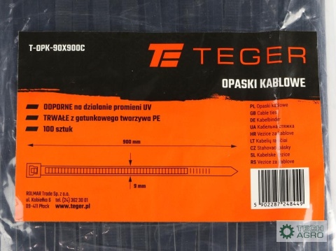 Opaski kablowe, opaska kablowa, opaski zaciskowe, tyrytytki, trytytki, 9.0 x 900mm 100 szt w worku czarne odporne na UV, Teger