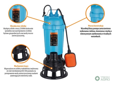 Pompa zanurzeniowa do wody brudnej i ścieków z rozdrabniaczem 1500W HEAVY DUTY, (włącznik pływakowy), TEGER