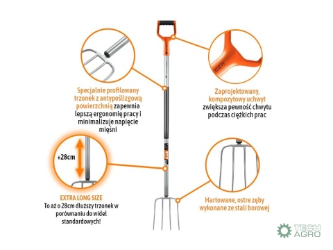 Widły gospodarcze 4-zębne na metalowym trzonku - Extra Long, (dł. 1580 mm) Extreme, Teger