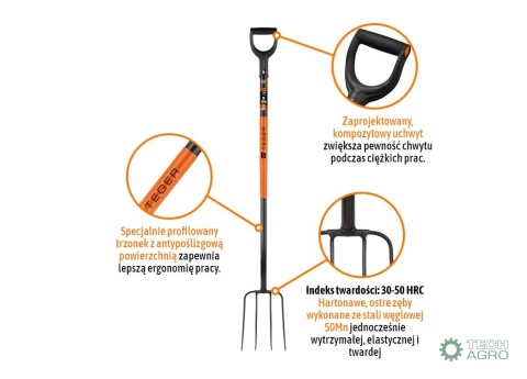 Widły gospodarcze 4-zębne na metalowym trzonku - Extra Long, (dł. 1600 mm), Teger