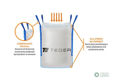 Worek BIG BAG 1000kg. 90 x 90 x 120. 4 uchwyty. Góra otwarta/ Dół zamknięty /TEGER