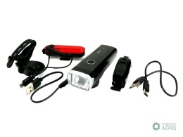 Zestaw lamp rowerowych, latarka LED przednia 2000 mAh i latarka LED tylna 150mAh ładowane USB z klaksonem Teger