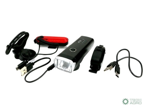 Zestaw lamp rowerowych, latarka LED przednia 2000 mAh i latarka LED tylna 150mAh ładowane USB z klaksonem Teger