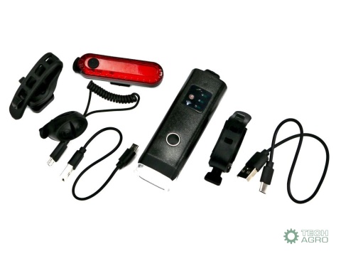 Zestaw lamp rowerowych, latarka LED przednia 2000 mAh i latarka LED tylna 150mAh ładowane USB z klaksonem Teger