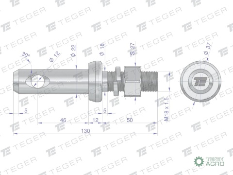 Sworzeń z gwintem T-SG22461845130 fi 22/46 mm M18x1.5/45 mm 130 mm TEGER