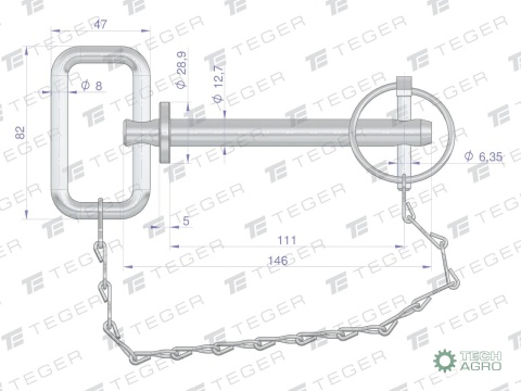 Sworzeń zaczepu z zawleczką i łańcuchem12.7x111x146 TEGER