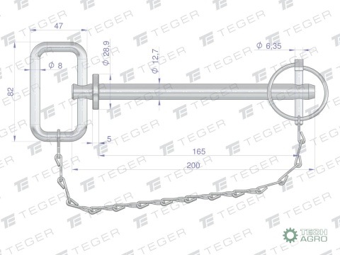 Sworzeń zaczepu z zawleczką i łańcuchem12.7x165x200 TEGER