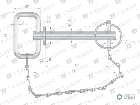 Sworzeń zaczepu z zawleczką i łańcuchem15.9x111x146 TEGER