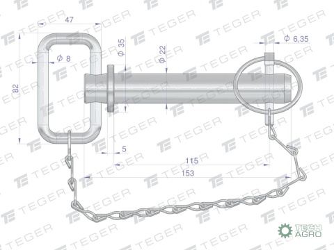 Sworzeń zaczepu z zawleczką i łańcuchem22x115x153 TEGER
