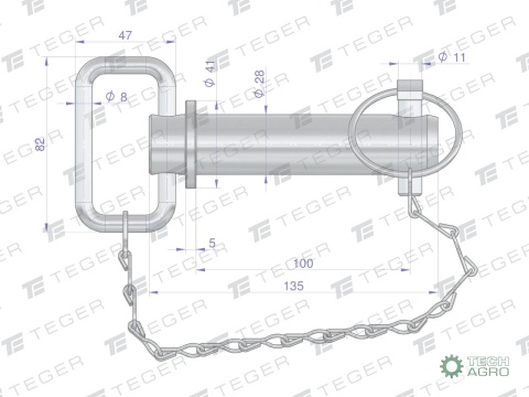 Sworzeń zaczepu z zawleczką i łańcuchem28x100x127 TEGER